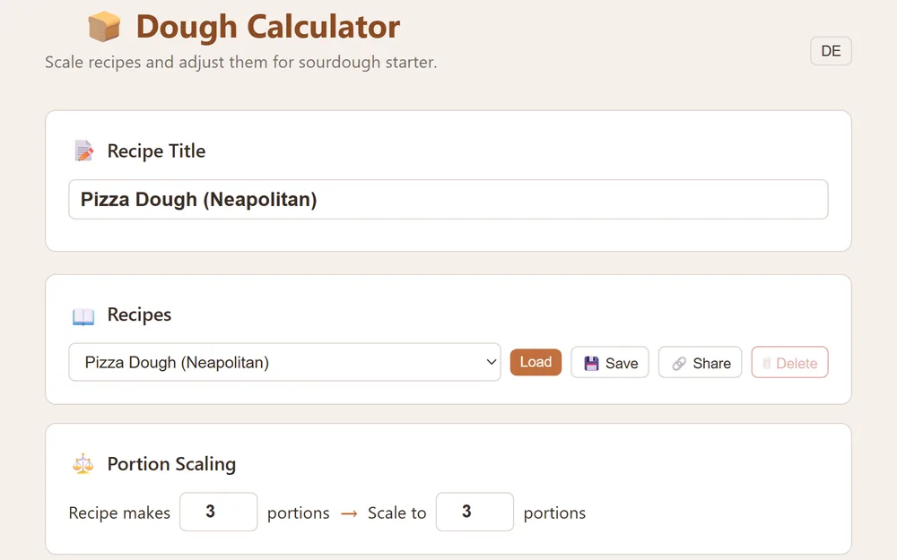 A pizza dough recipe being scaled in the Dough Calculator