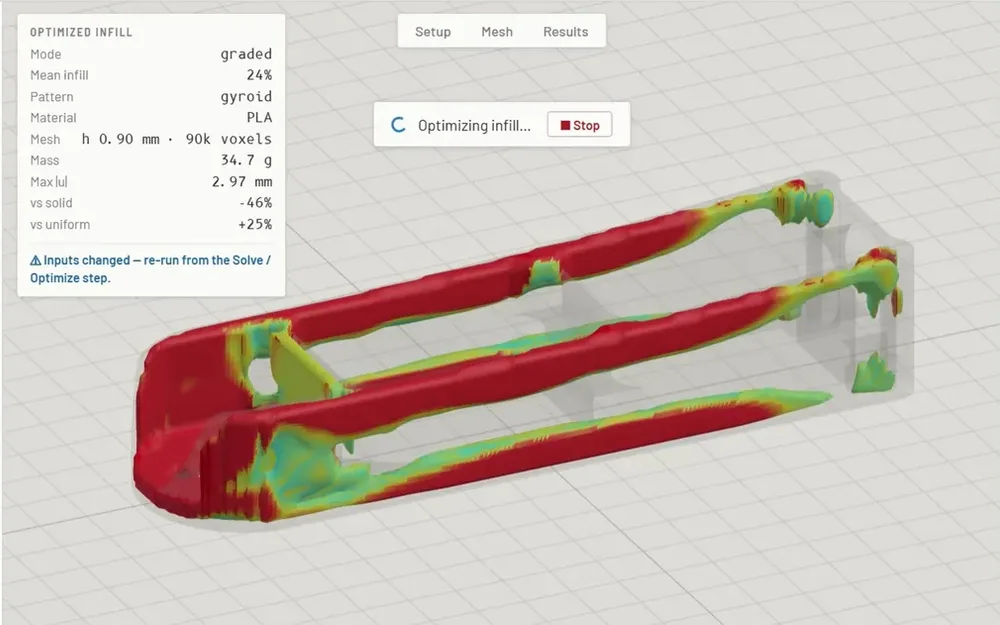 A part coloured by safety factor in the filaSim FEA viewport