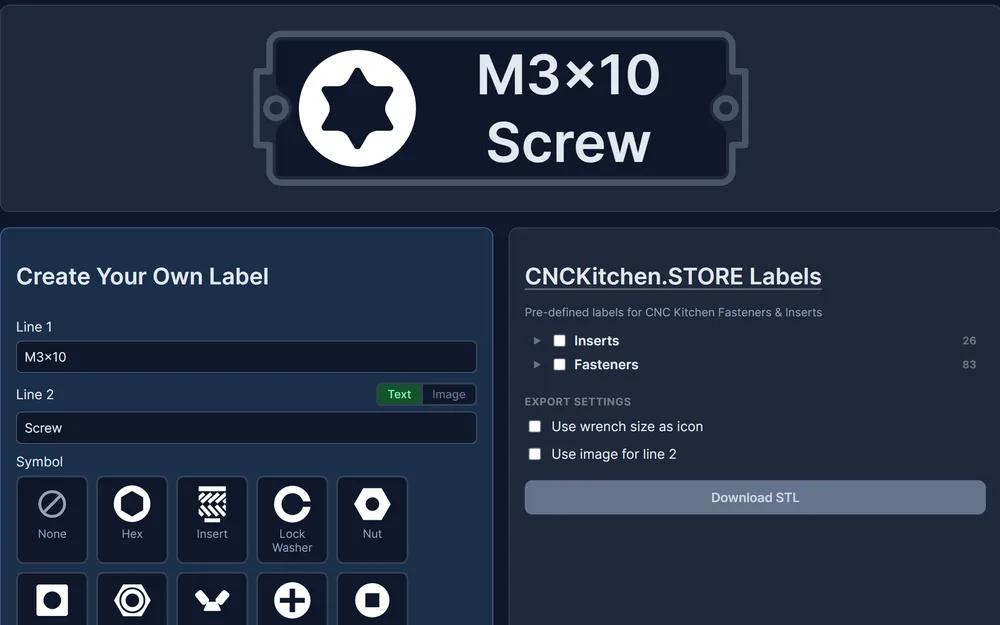 An M3x10 screw label being built in the Gridfinity Label Generator