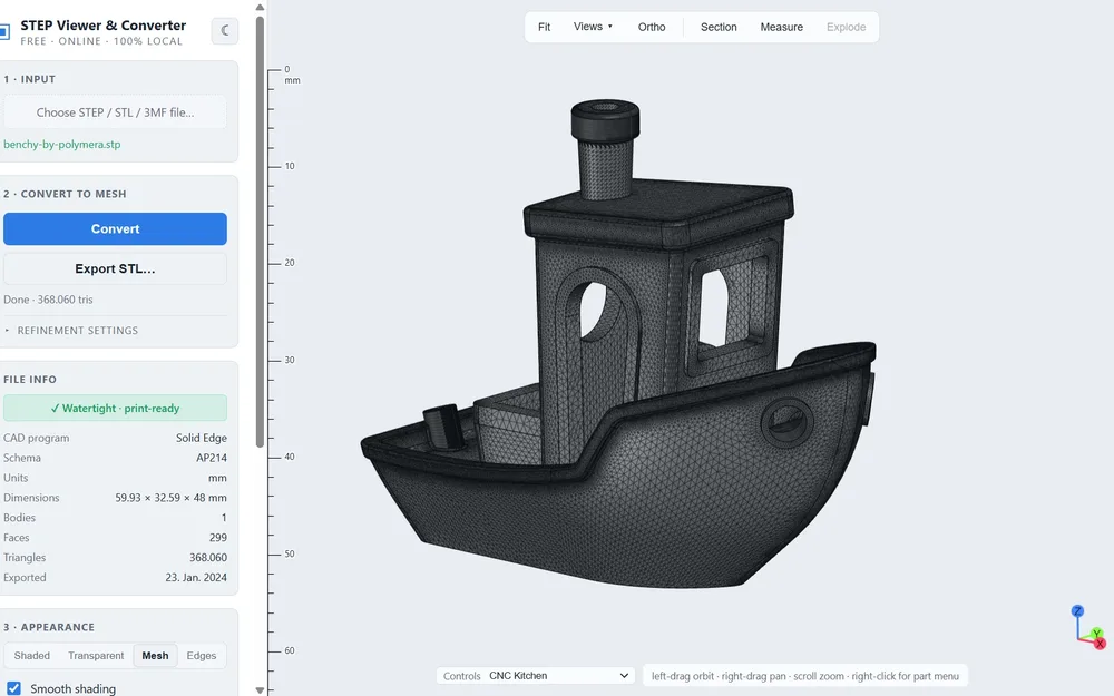 A 3DBenchy STEP file tessellated in meshStep, flagged watertight and print-ready