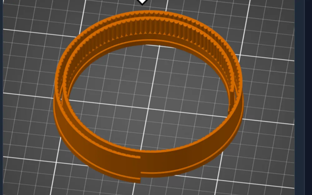 A straight toothed strip wrapped into a ring by the Model Spiralizer