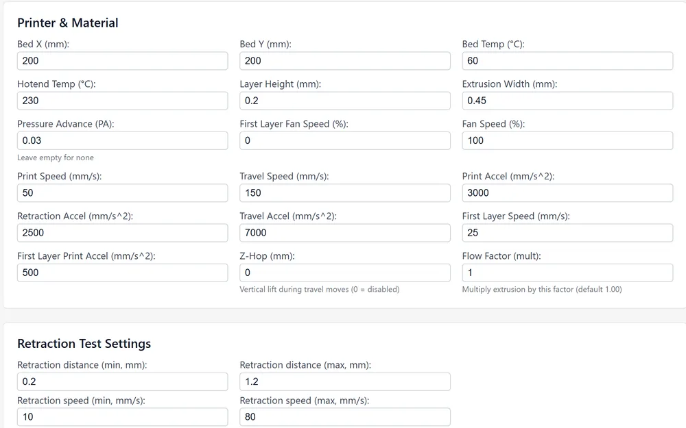Printer and material settings in the Retraction Optimizer