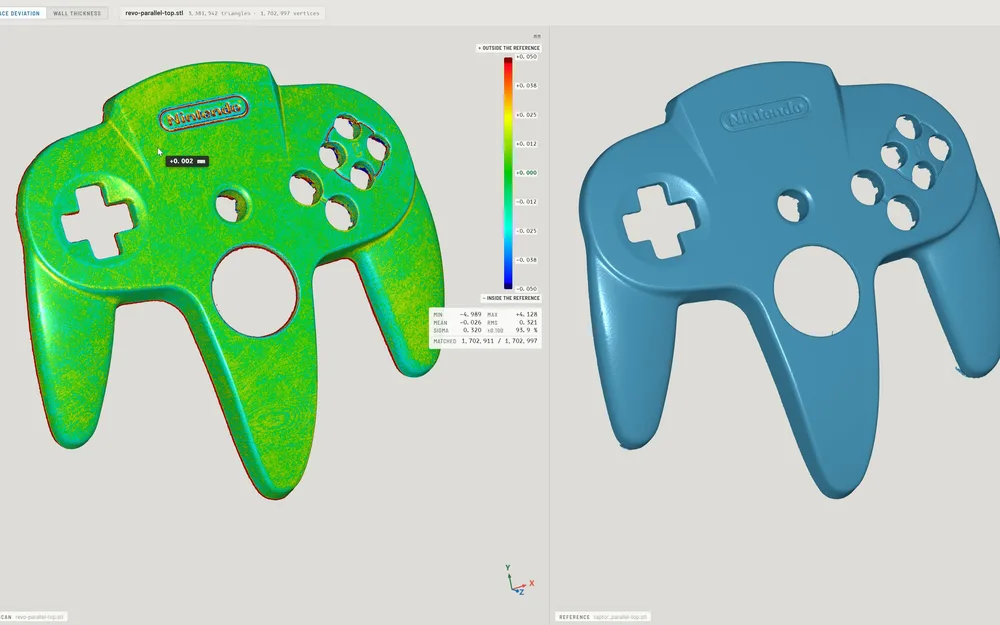 A scanned controller shell coloured by its deviation from the reference model in ScanRuler