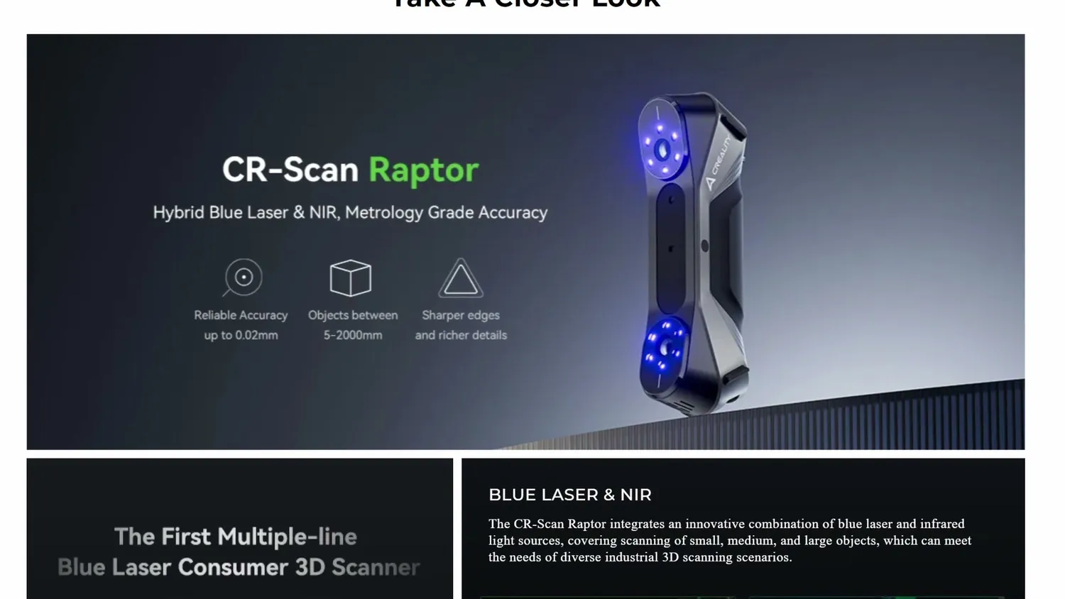 Creality CR-Scan Raptor product page listing hybrid blue laser and NIR modes