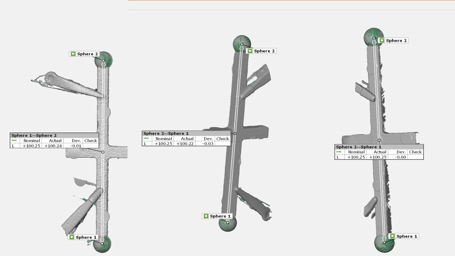 GOM Inspect sphere fits measuring a DIY ball bar in three scan orientations