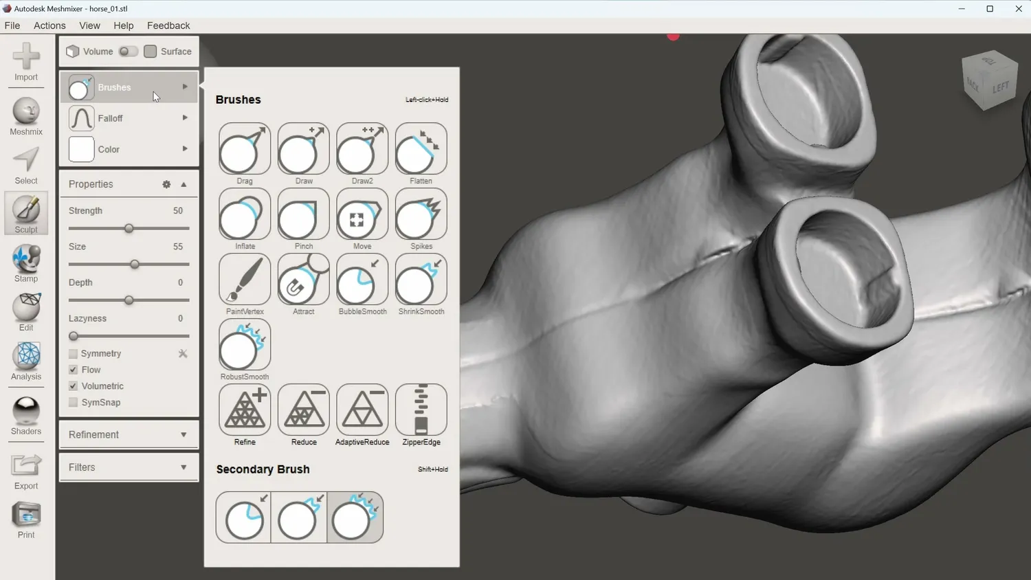 Autodesk Meshmixer smoothing a seam line on a 3D scan of a toy horse