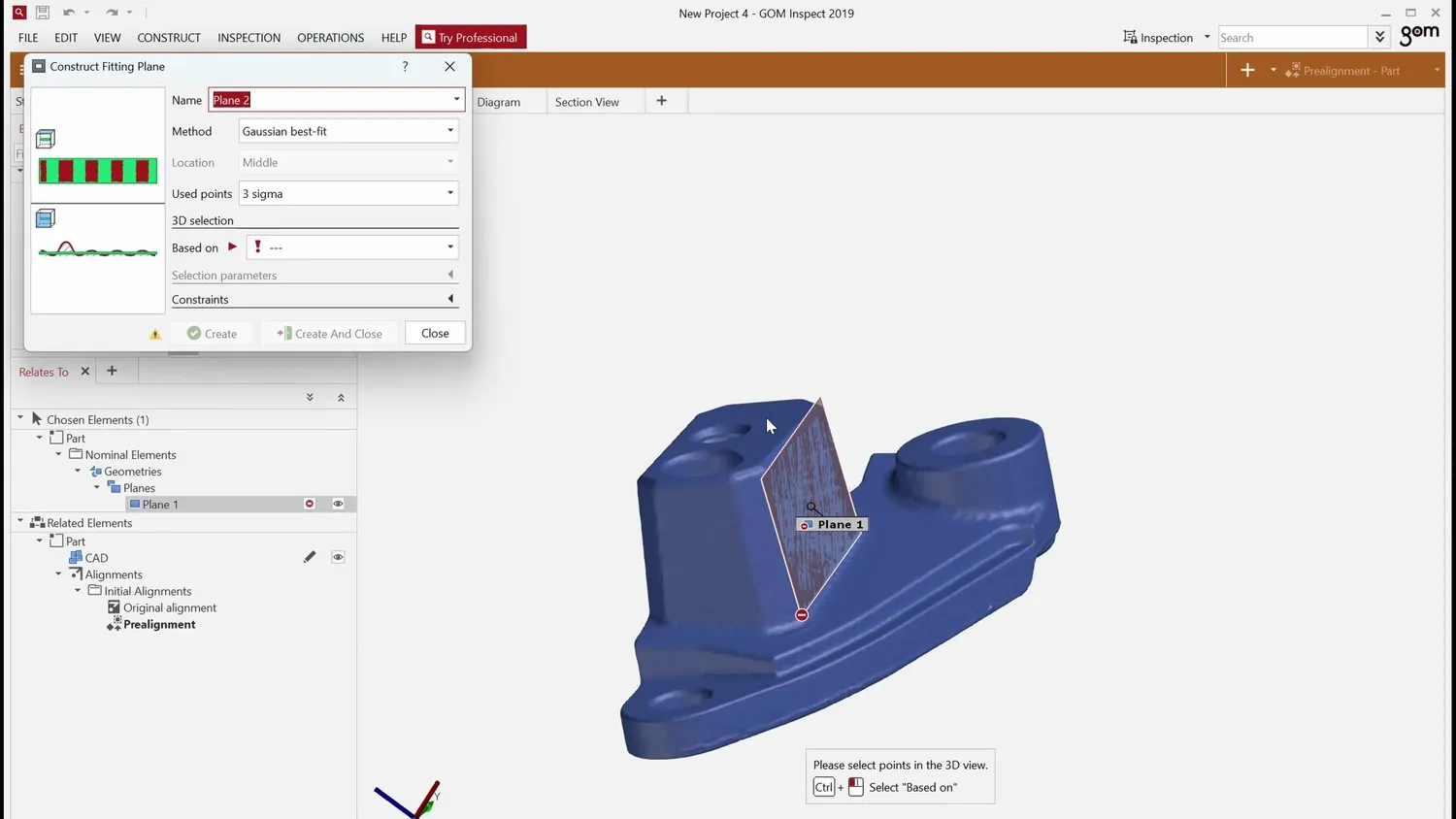 GOM Inspect constructing a fitting plane on a scanned aluminium part