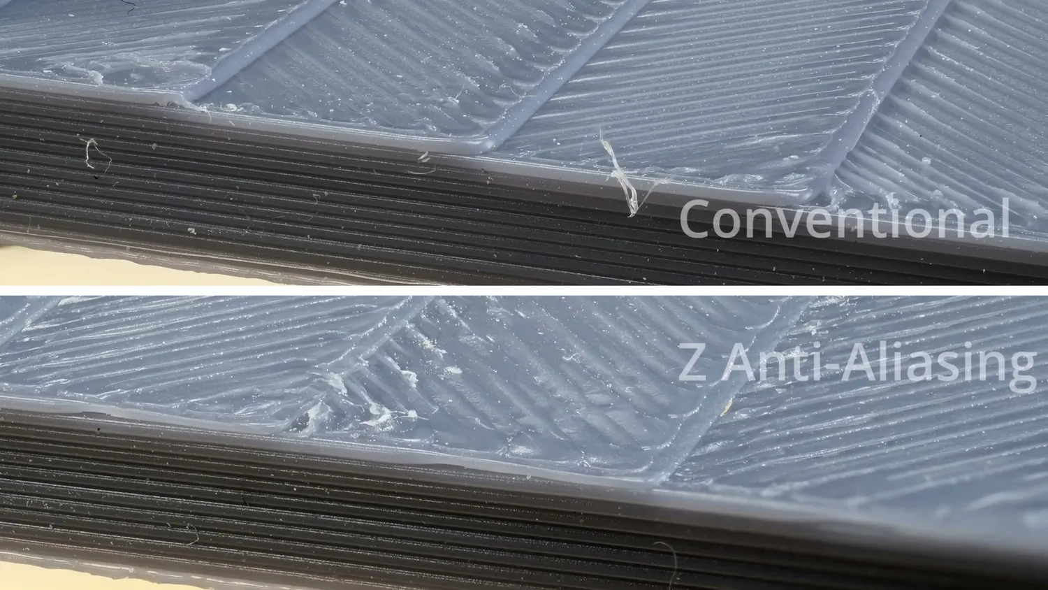 Close-up comparison of a conventional and a Z Anti-Aliasing top surface