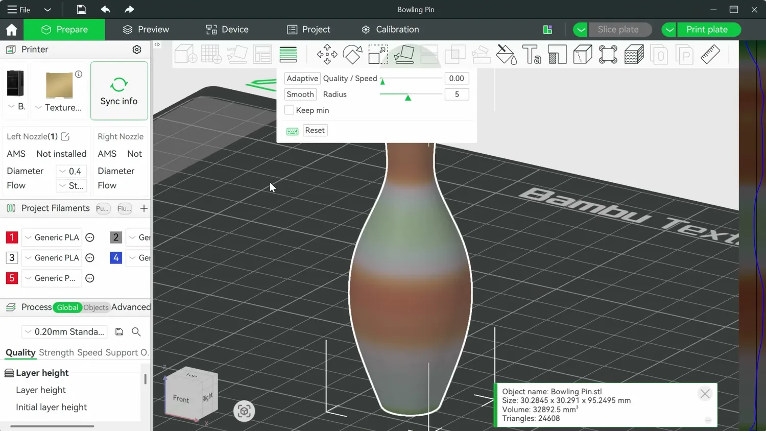 Variable layer height applied to a bowling pin in Bambu Studio