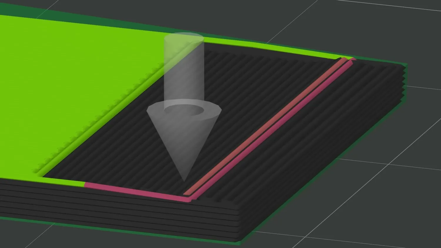 Slicer preview showing the nozzle following the fill direction on a sloped top surface