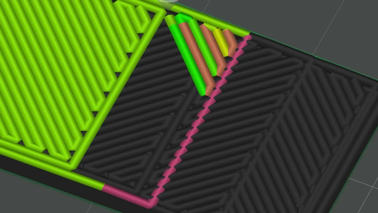 Slicer preview of a wedge showing the flow transition split into steps