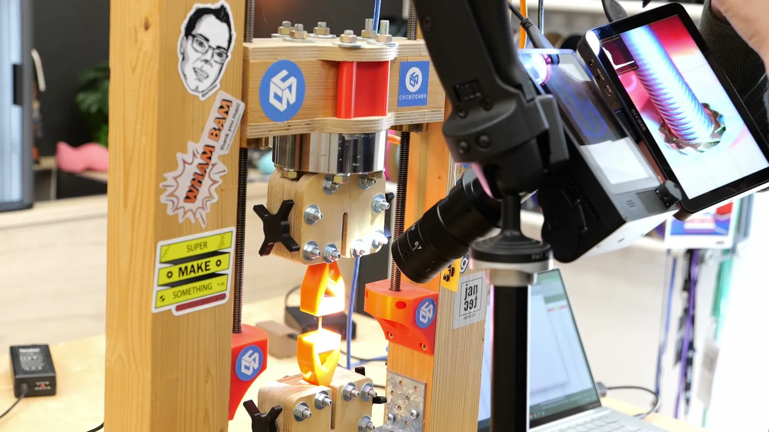 High-speed camera aimed at the tensile tester