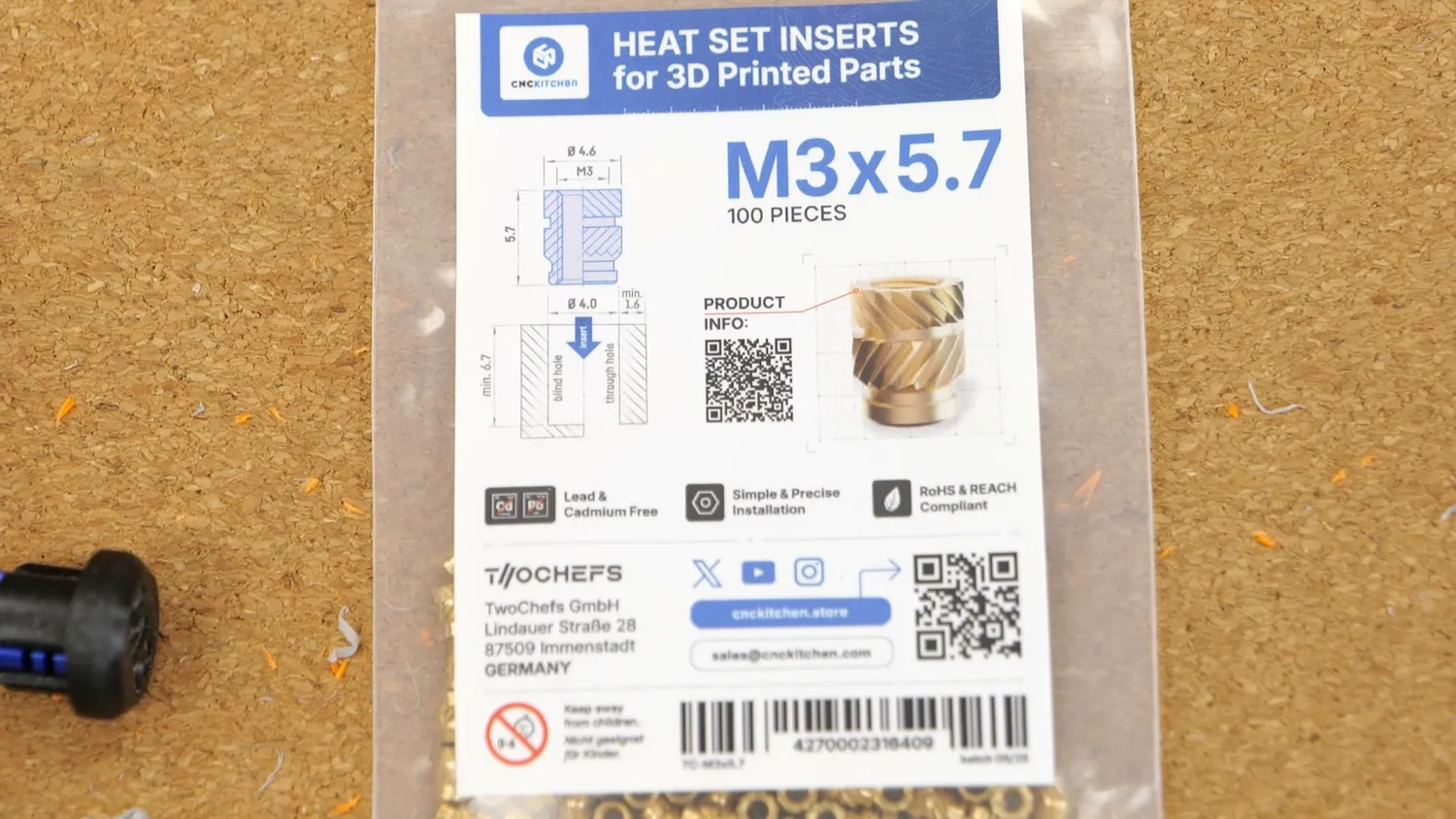 M3x5.7 heat-set insert packaging with the recommended hole diameter