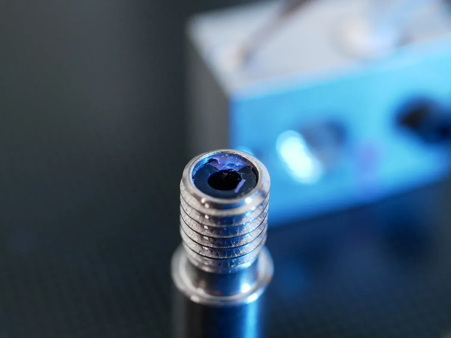 Looking down the heat break, where the PTFE liner stops short of the top