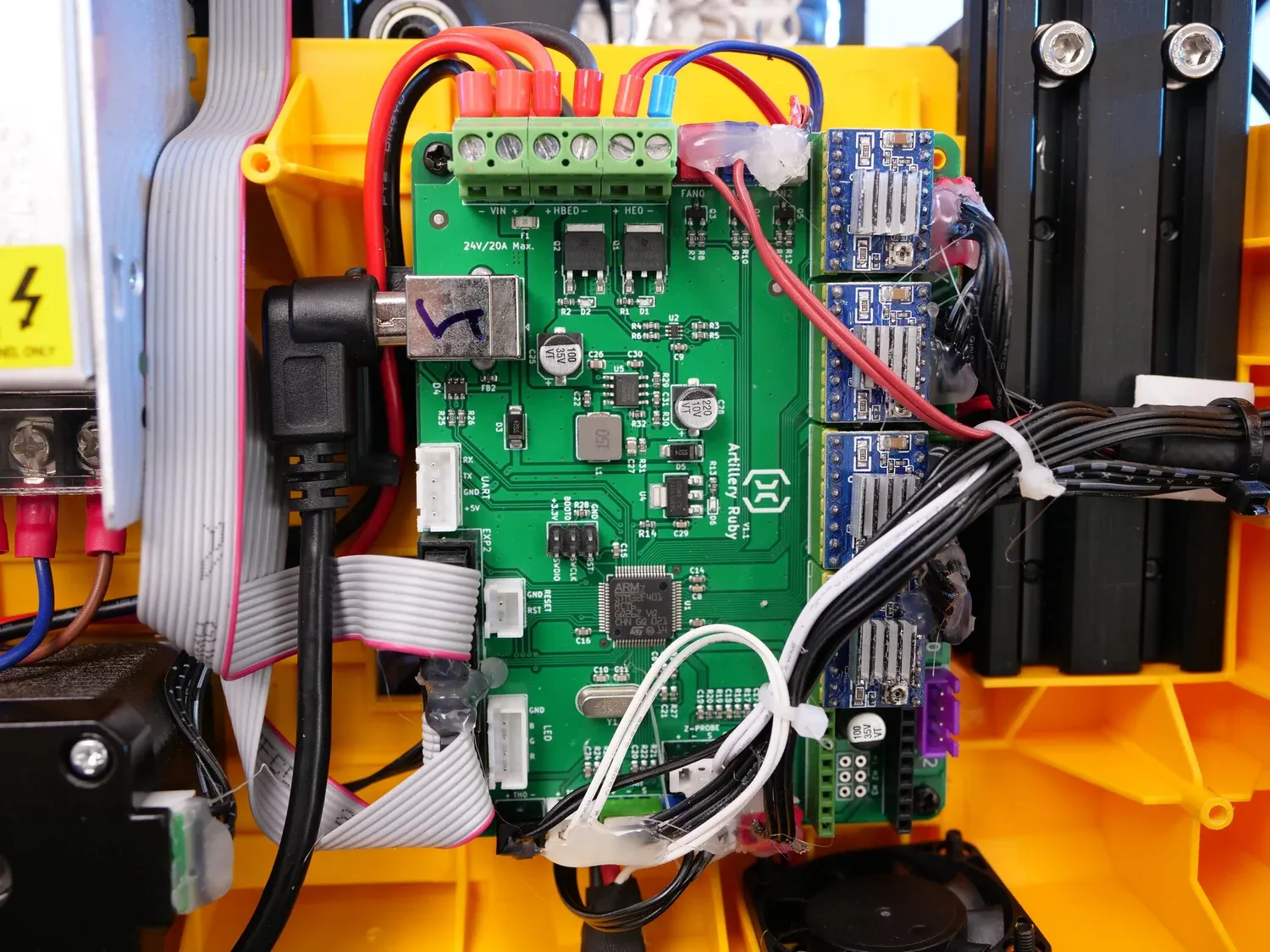 The custom 32-bit Artillery Ruby board, with an ARM STM32 chip and four removable stepper drivers