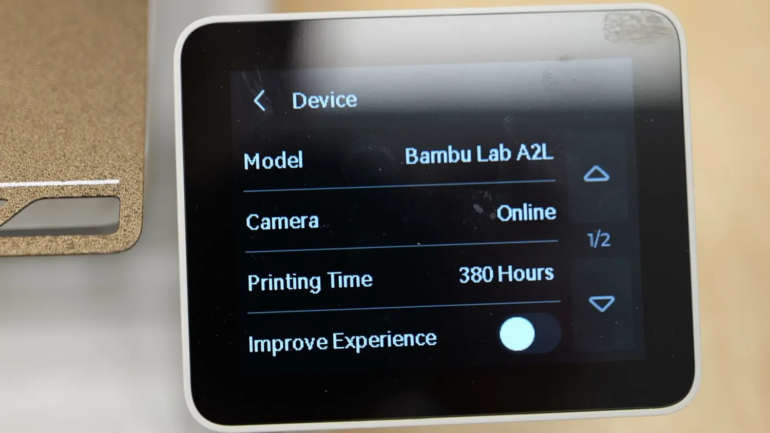 Bambu Lab A2L device screen showing 380 hours of printing time