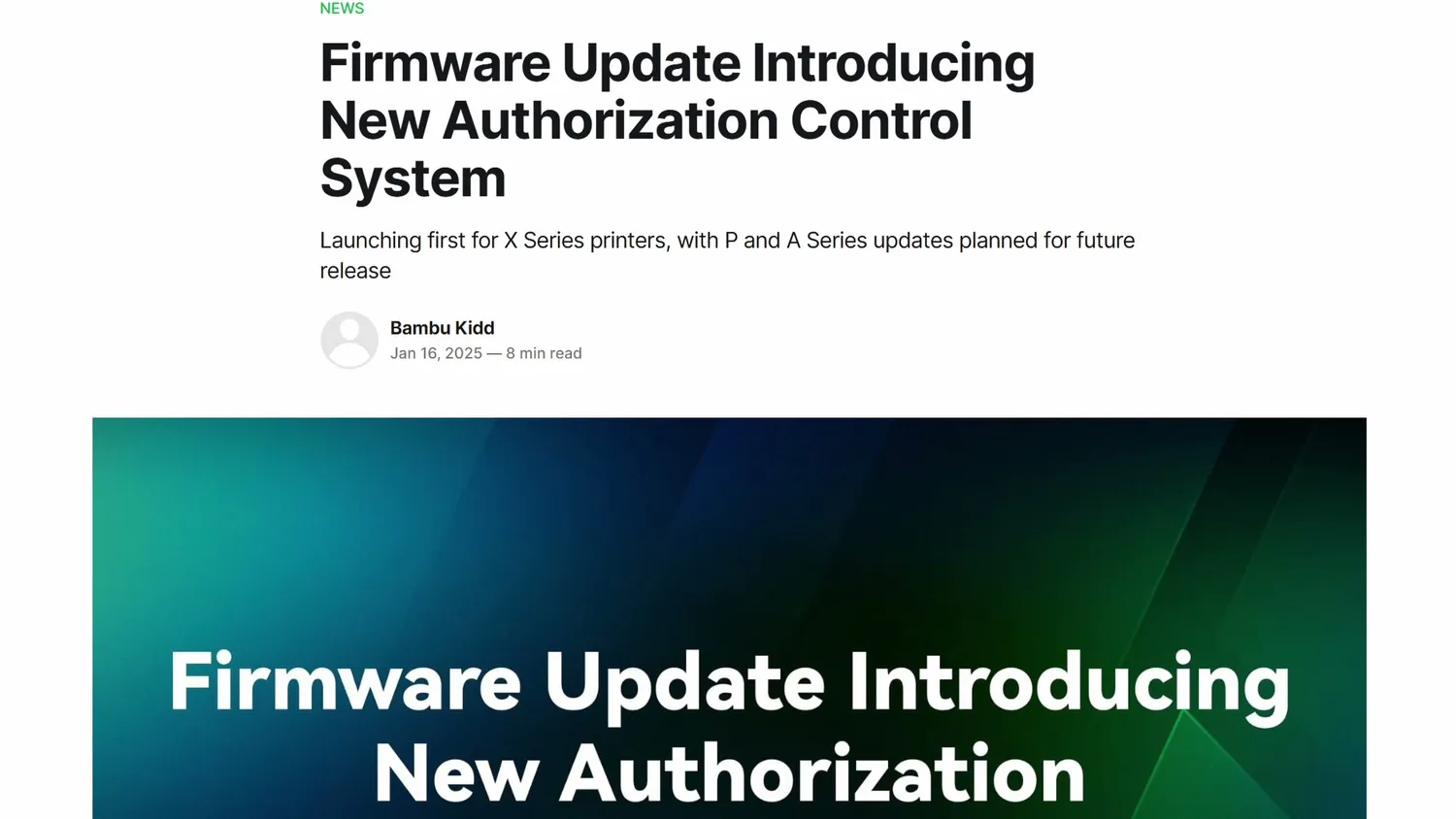 Bambu Lab news post announcing a firmware update with a new authorization control system