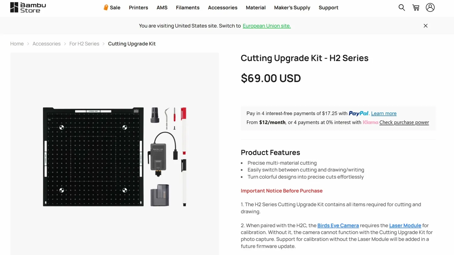 Bambu Store page for the cutting upgrade kit