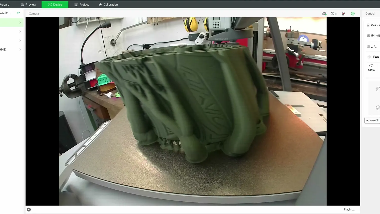 The A2L's built-in camera view inside Bambu Studio