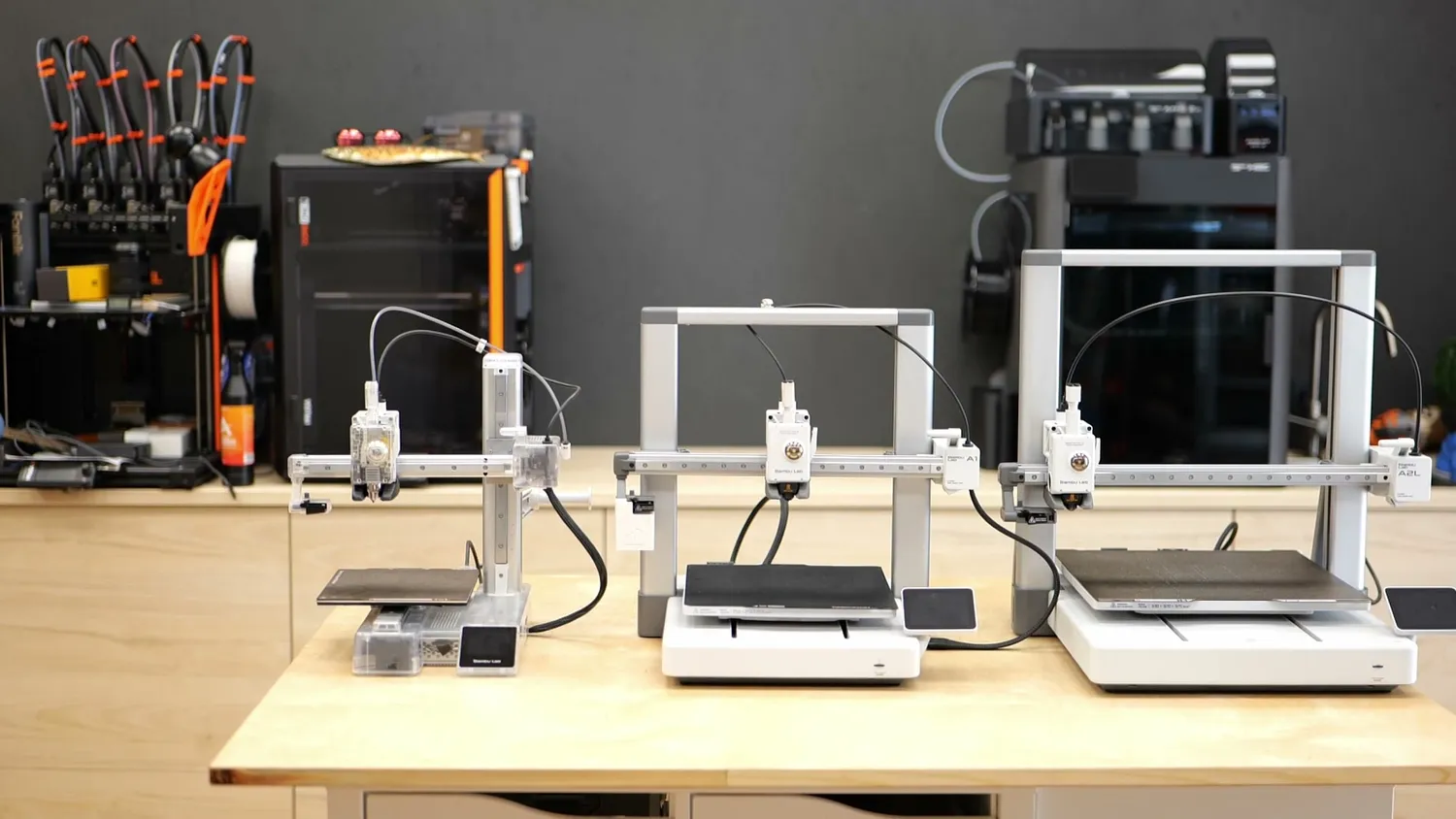 The A1 Mini, A1 and A2L side by side on a workbench