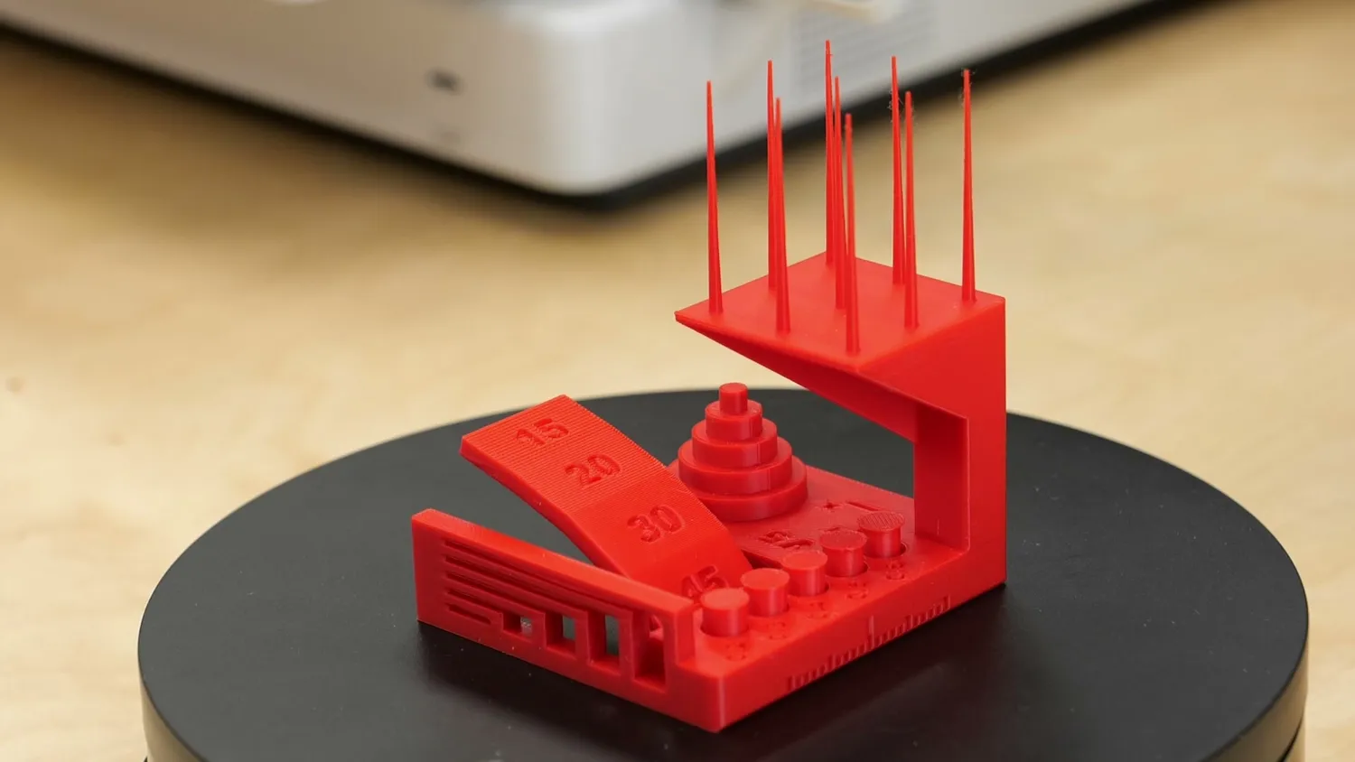The KSR print test in red PLA on a turntable