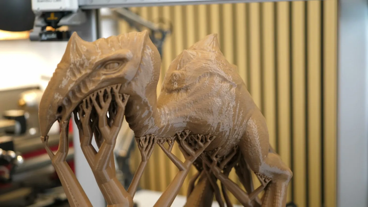 The large printed Scavenger model with its supports still attached