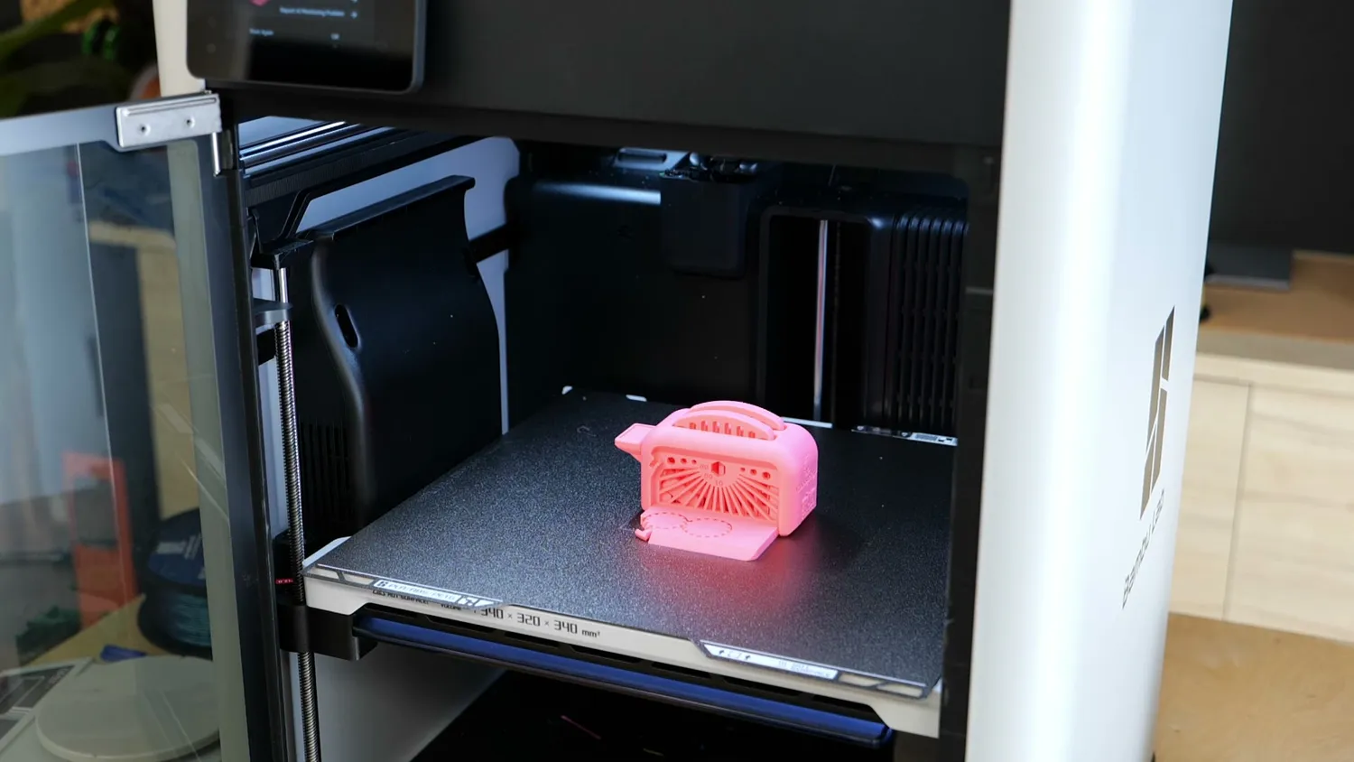 A pink Torture Toaster on the H2S build plate labelled 340 x 320 x 340 mm