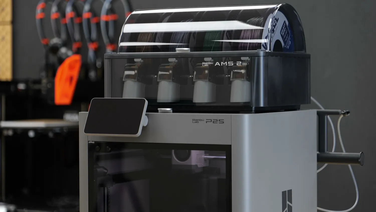 The Bambu Lab P2S with the AMS 2 Pro on top