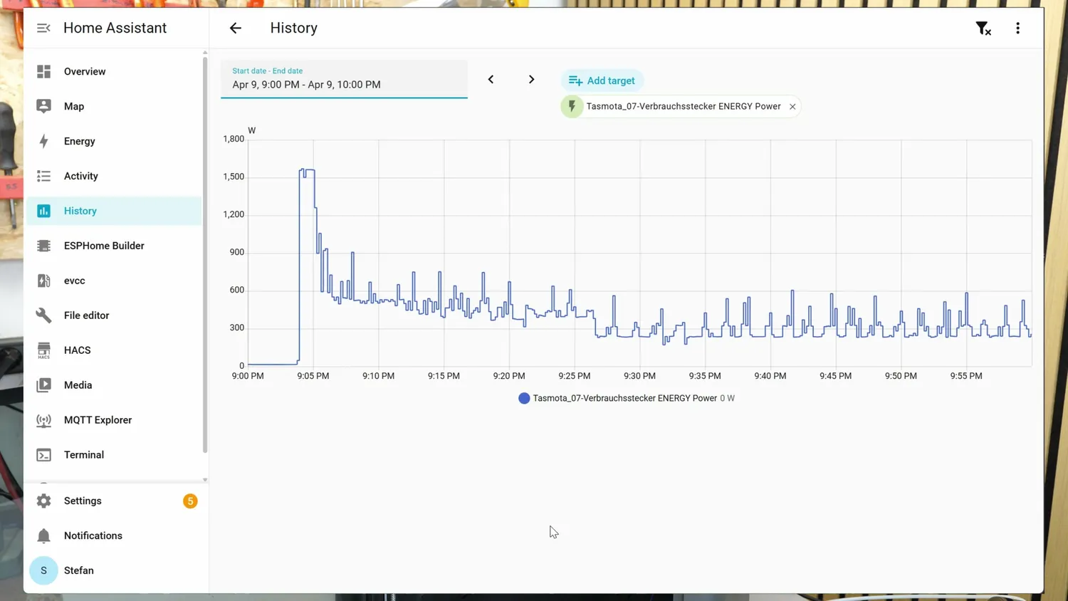 Home Assistant power graph of an X2D print peaking above 1500 watts