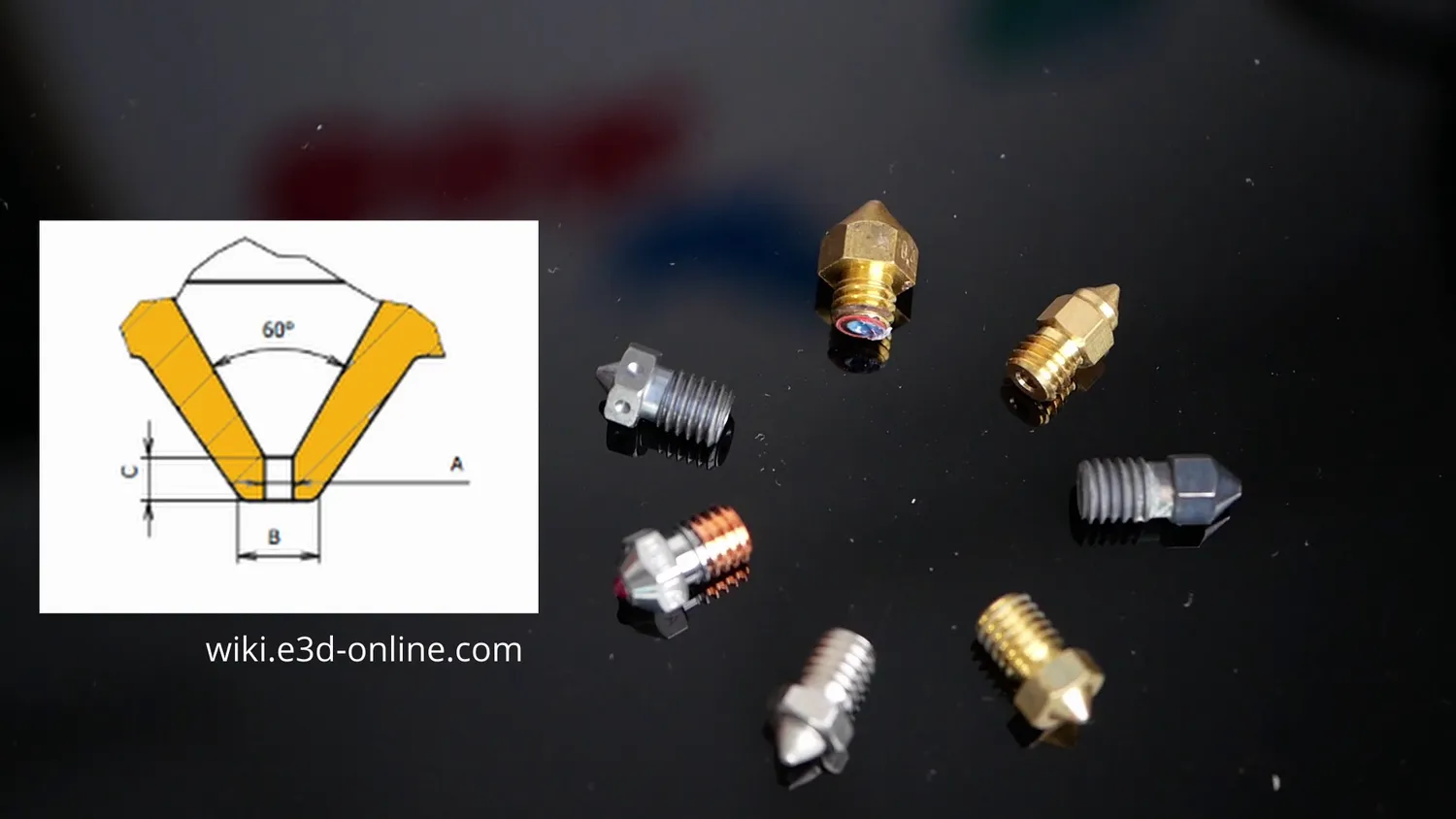 Seven ordinary nozzles laid out on black, next to an E3D wiki drawing of the usual single bore with its 60° tip