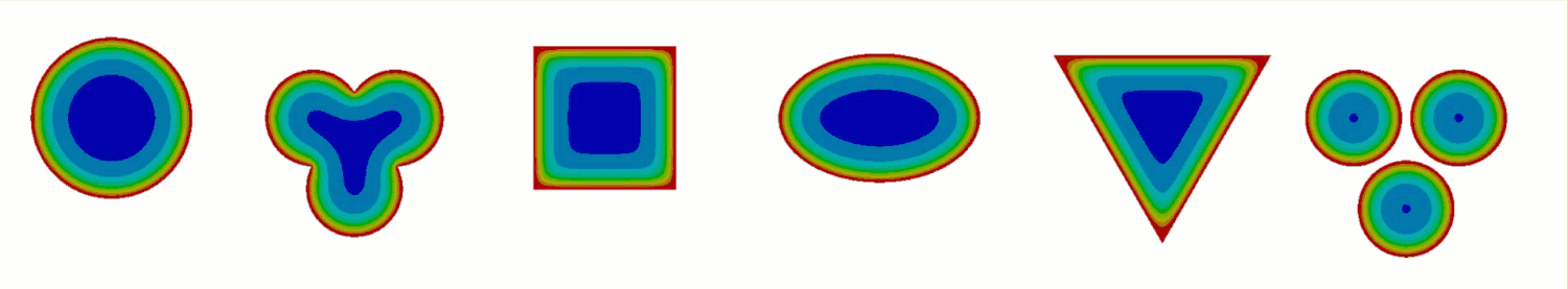 Heating simulation of different shapes with similar area (besides the last one)