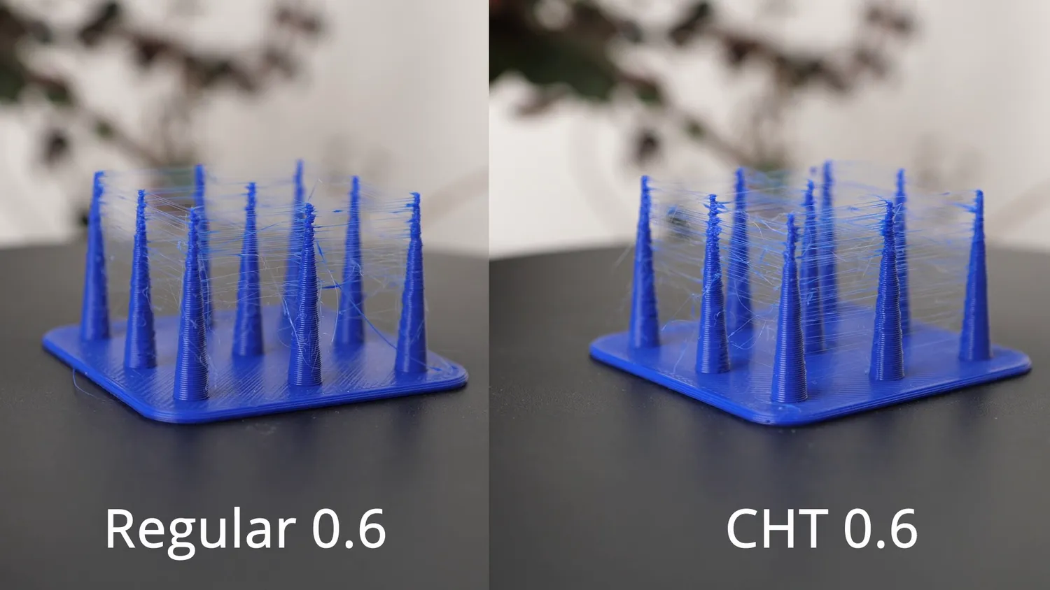 Retraction tower with a regular 0.6 mm nozzle and with the CHT 0.6, both showing comparable amounts of fine stringing