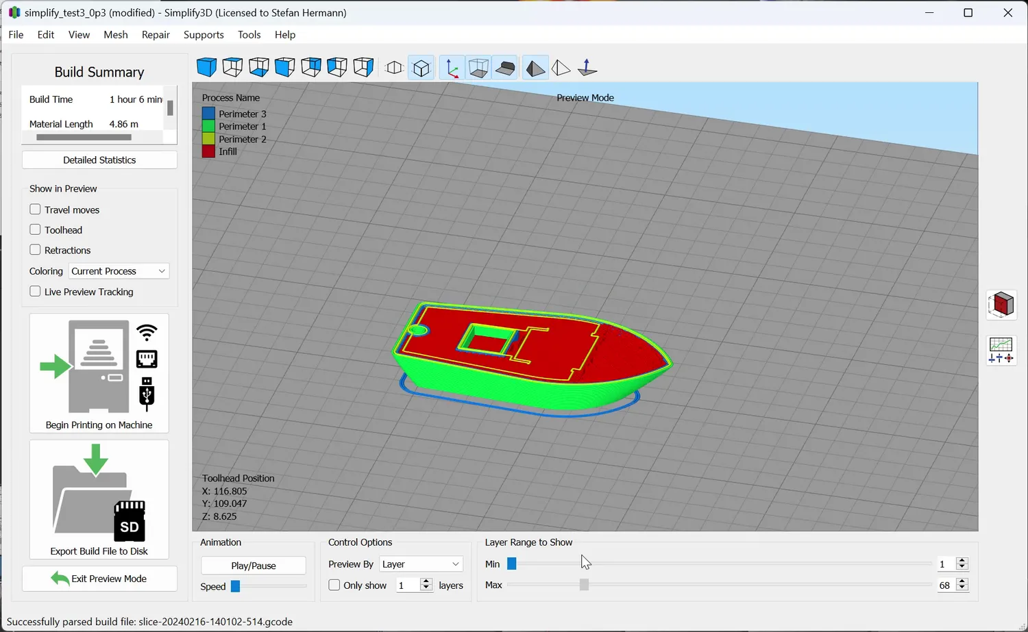  3DBenchy sliced with brick layers 