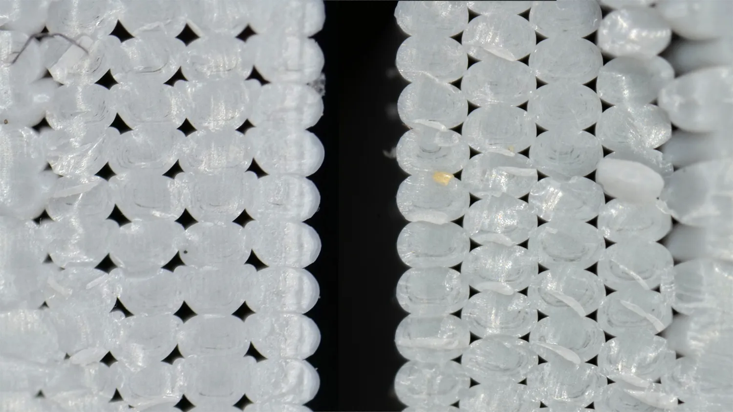  (left) regularly sliced part, (right) brick layers 