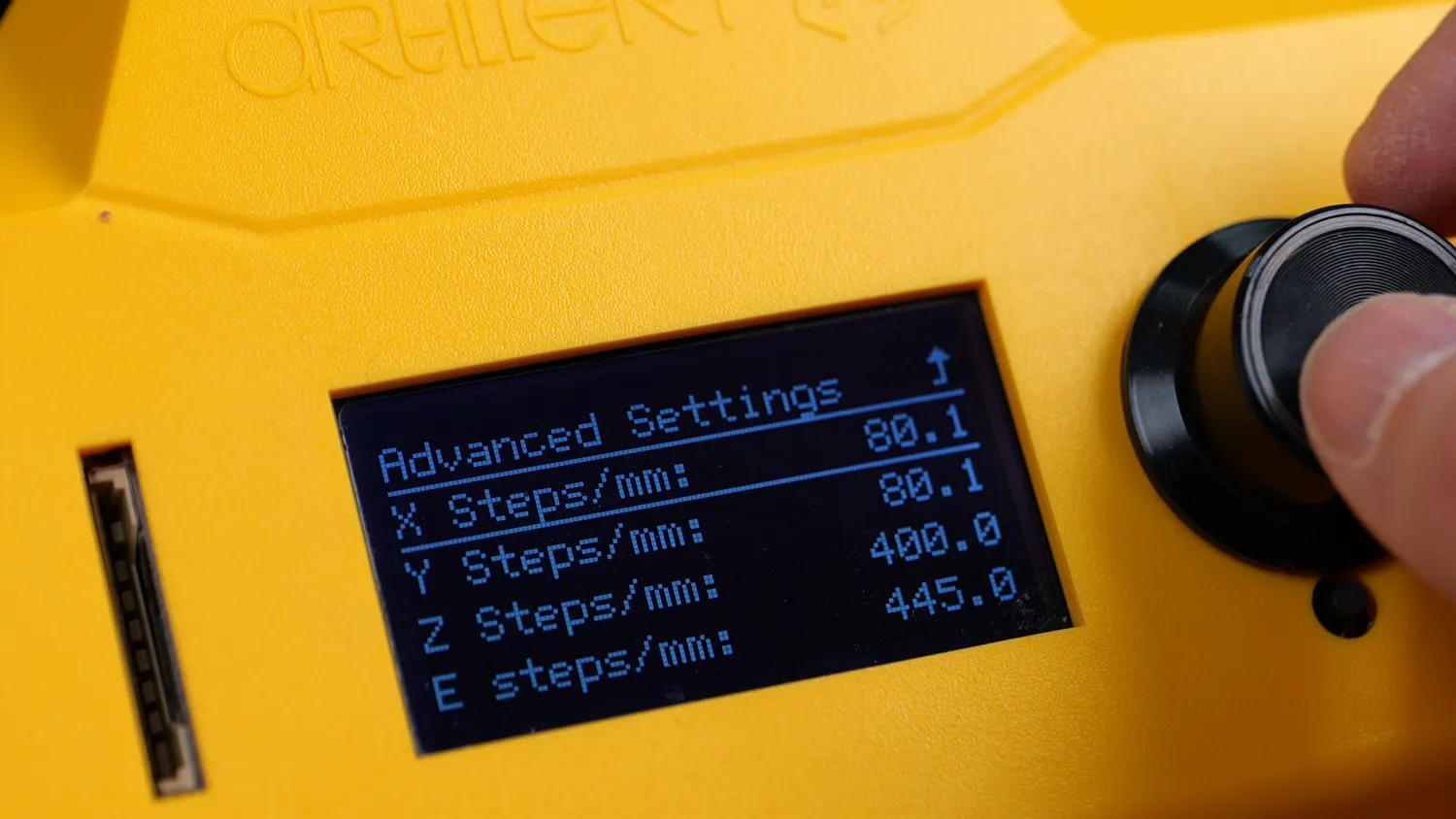 The Artillery's Advanced Settings menu showing X and Y at 80.1, Z at 400.0 and E at 445.0 steps/mm