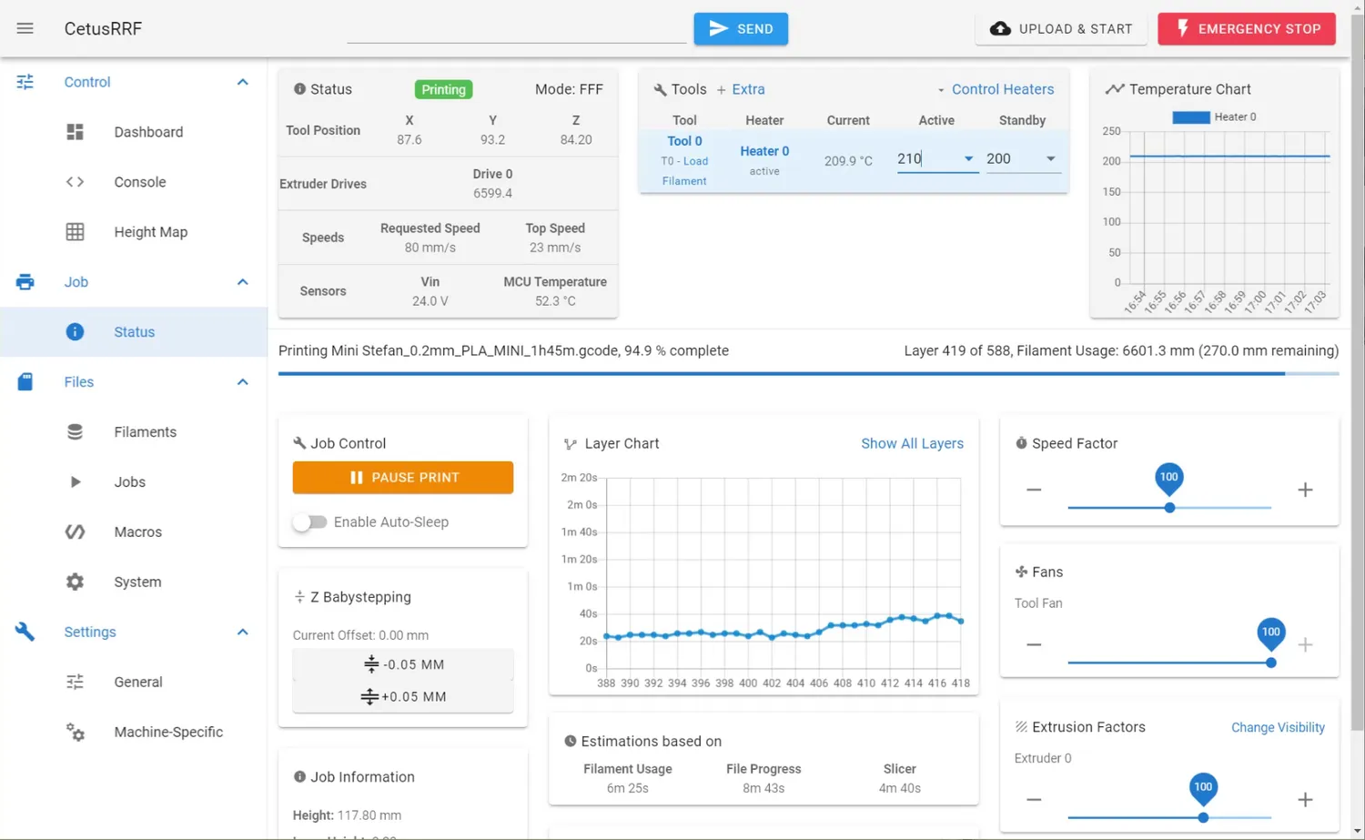 Duet Web Control's job status page mid-print, 94.9% complete at layer 419 of 588 with the tool at 209.9 °C