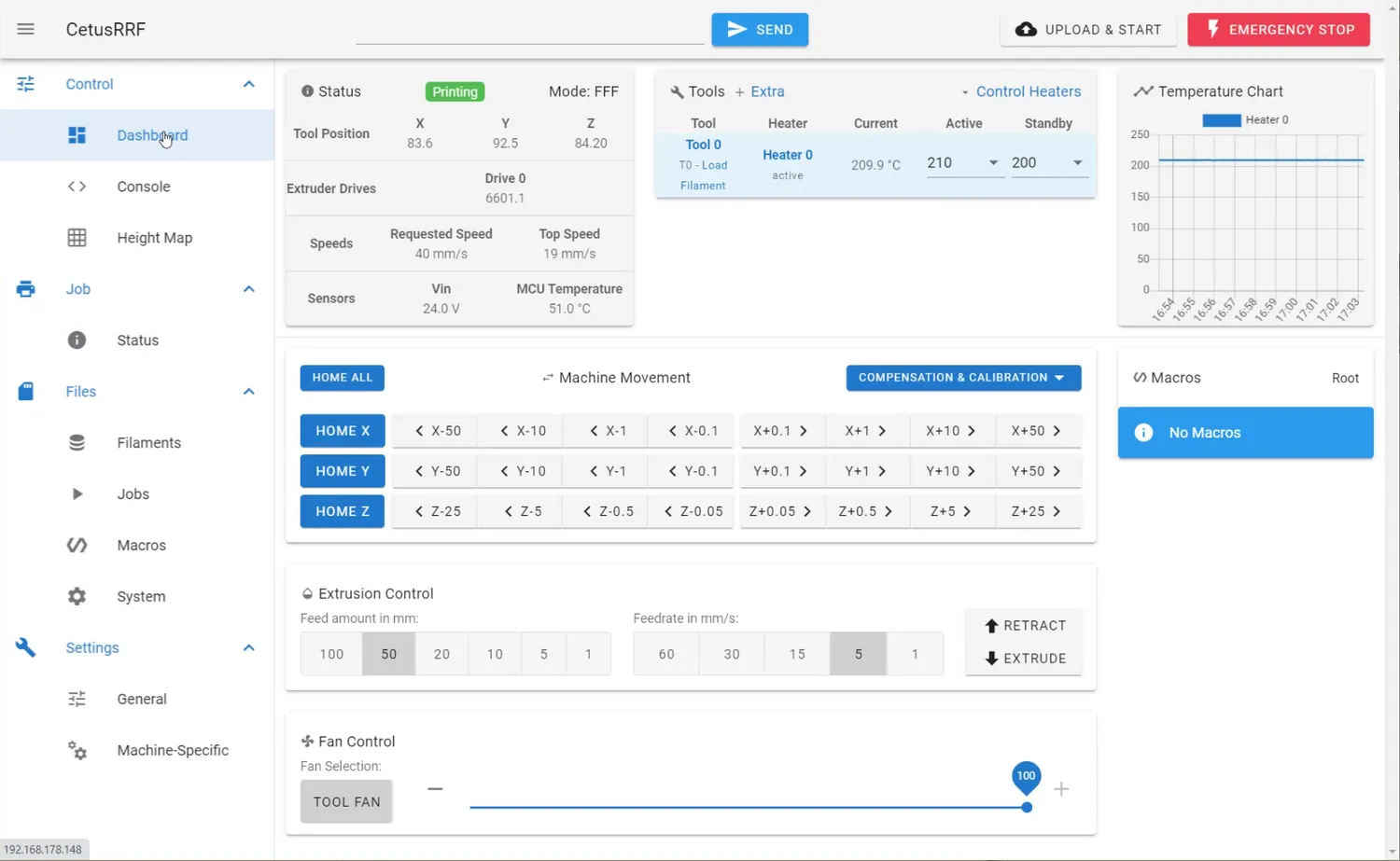 The dashboard with homing buttons, jog controls and extrusion and fan sliders