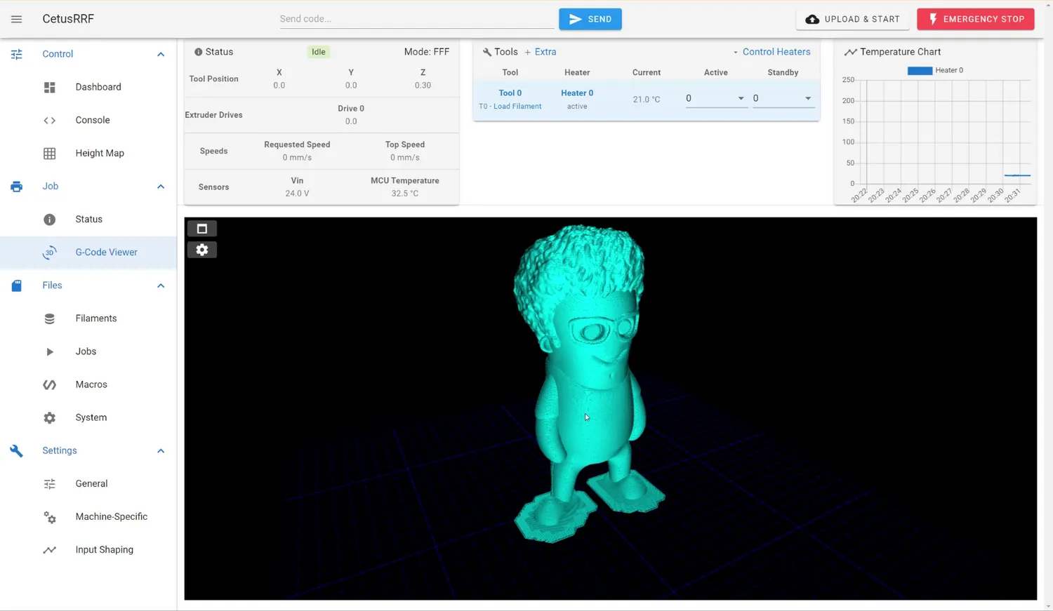 The built-in G-code viewer rendering the Mini Stefan model in turquoise