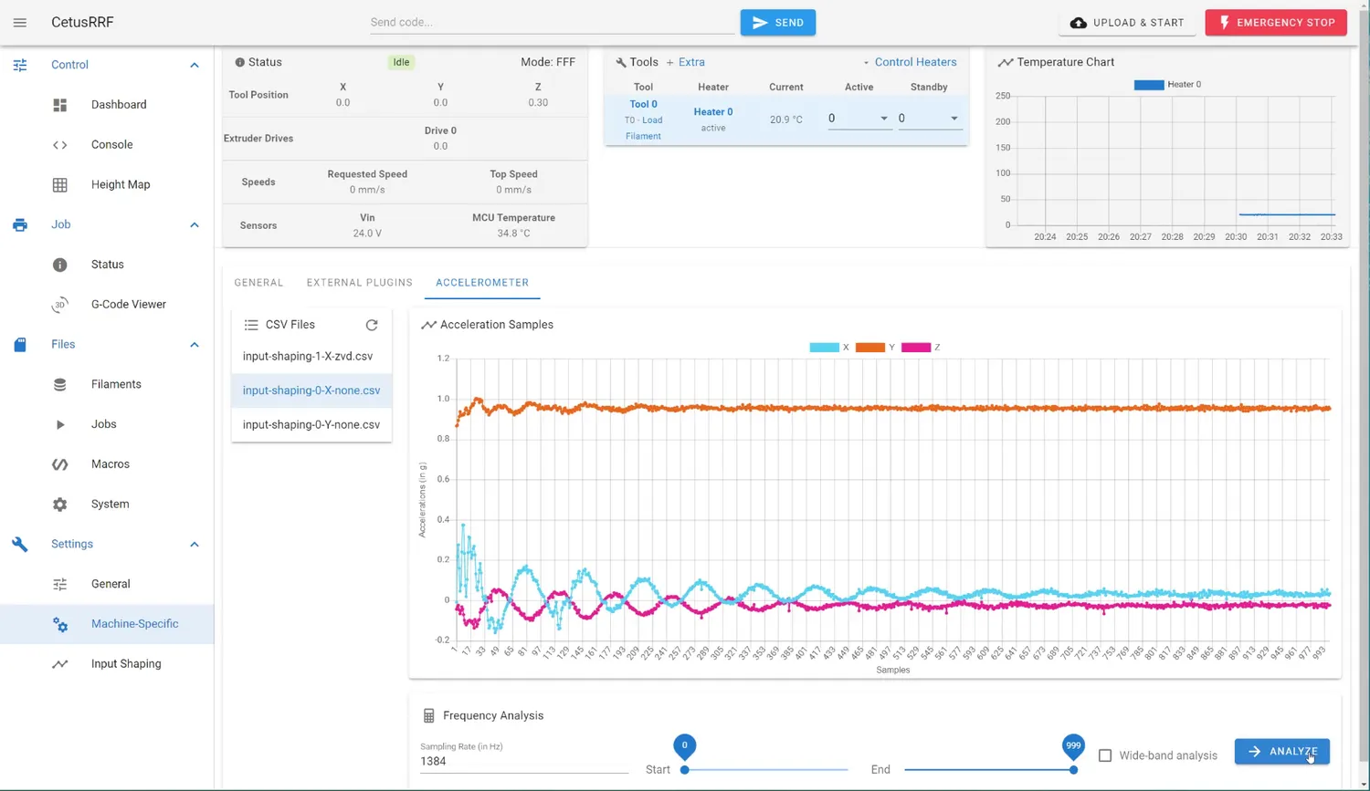The accelerometer plugin plotting raw X, Y and Z acceleration samples for input shaping