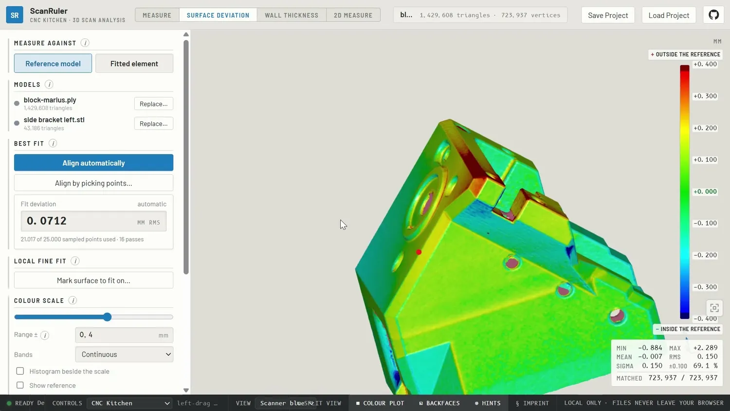 Surface deviation color plot of a scanned bracket in ScanRuler