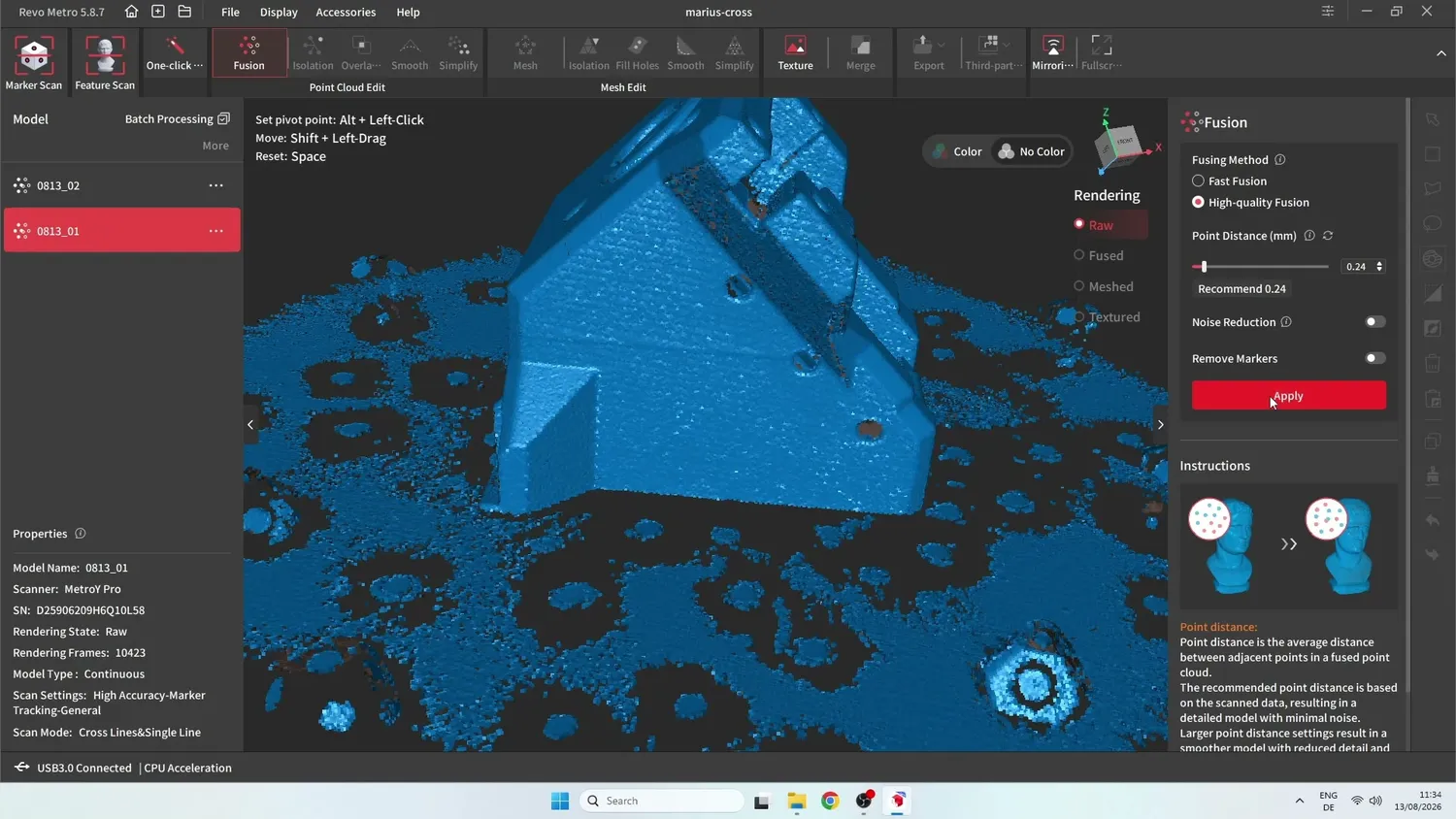 Processing the point cloud in Revopoint's software