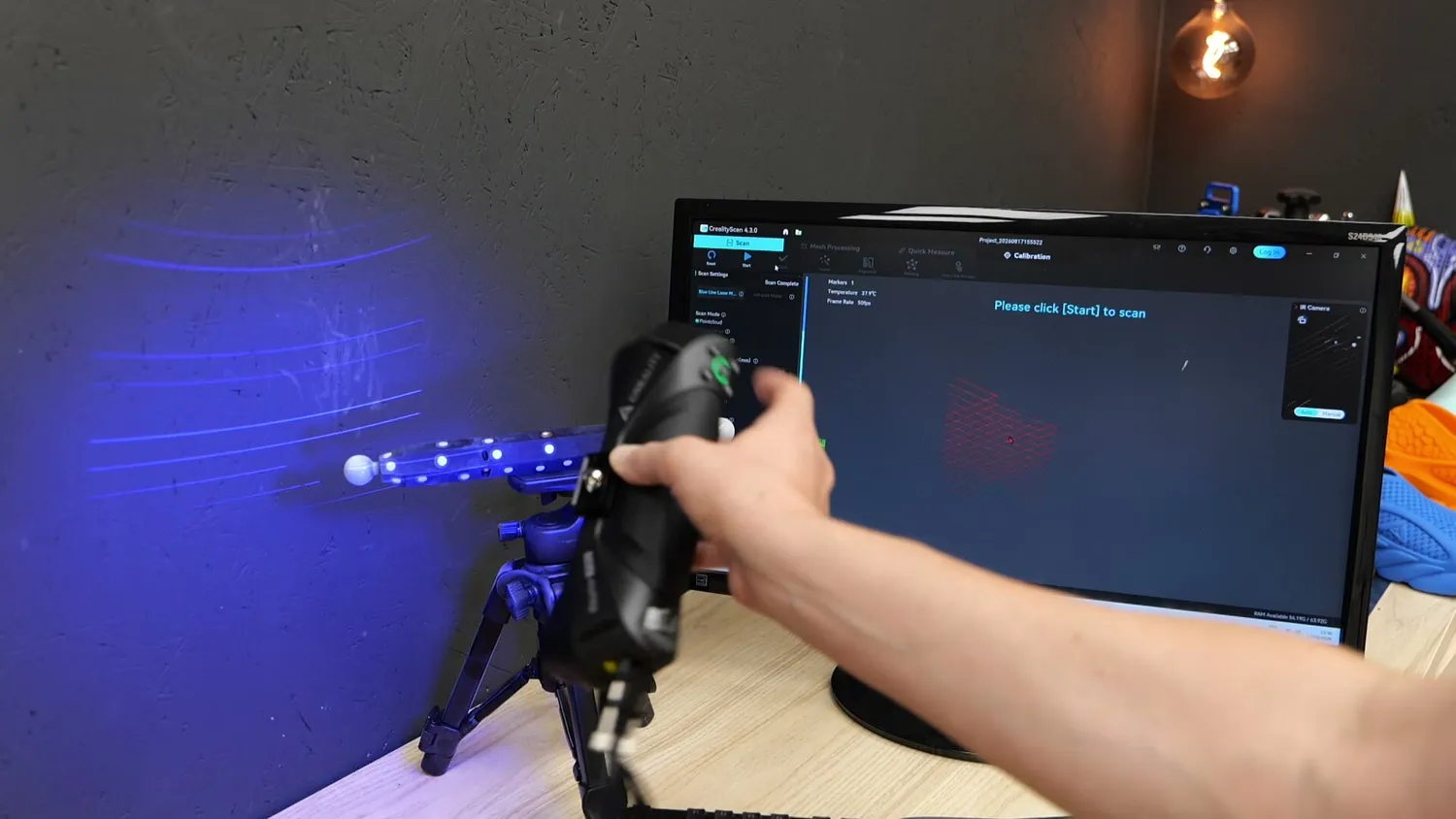 Laser lines sweeping across a wall during scanning
