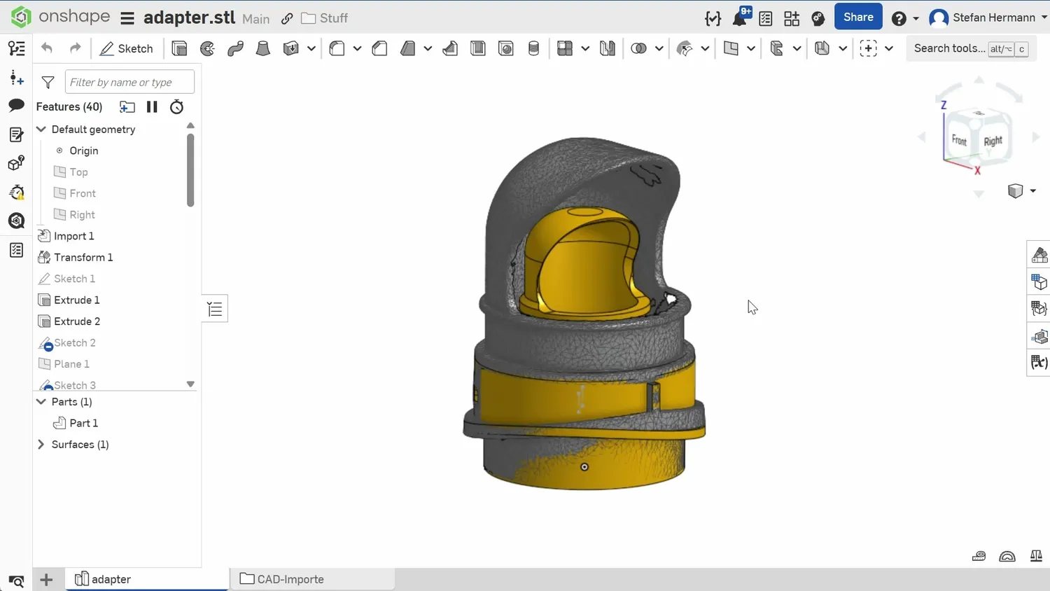 A scanned mesh next to reconstructed CAD bodies in Onshape