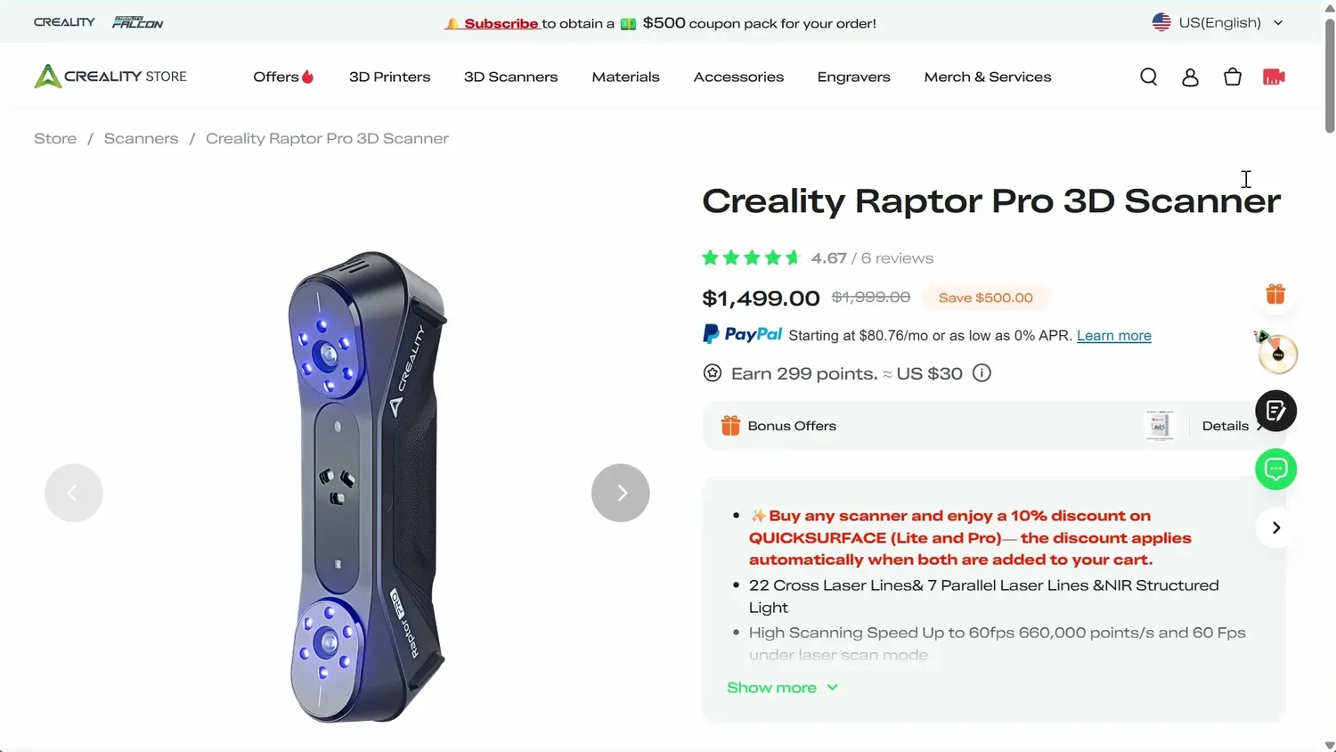 The Creality Raptor Pro product page showing its price