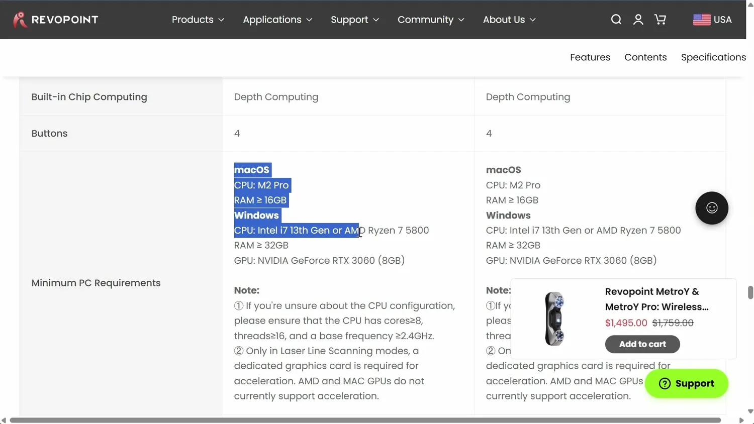 Minimum PC requirements listed on the Revopoint website