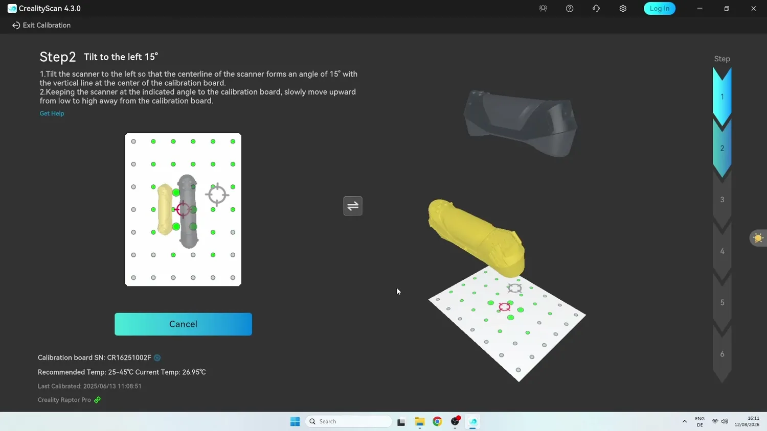 Creality's calibration screen with a 3D position guide