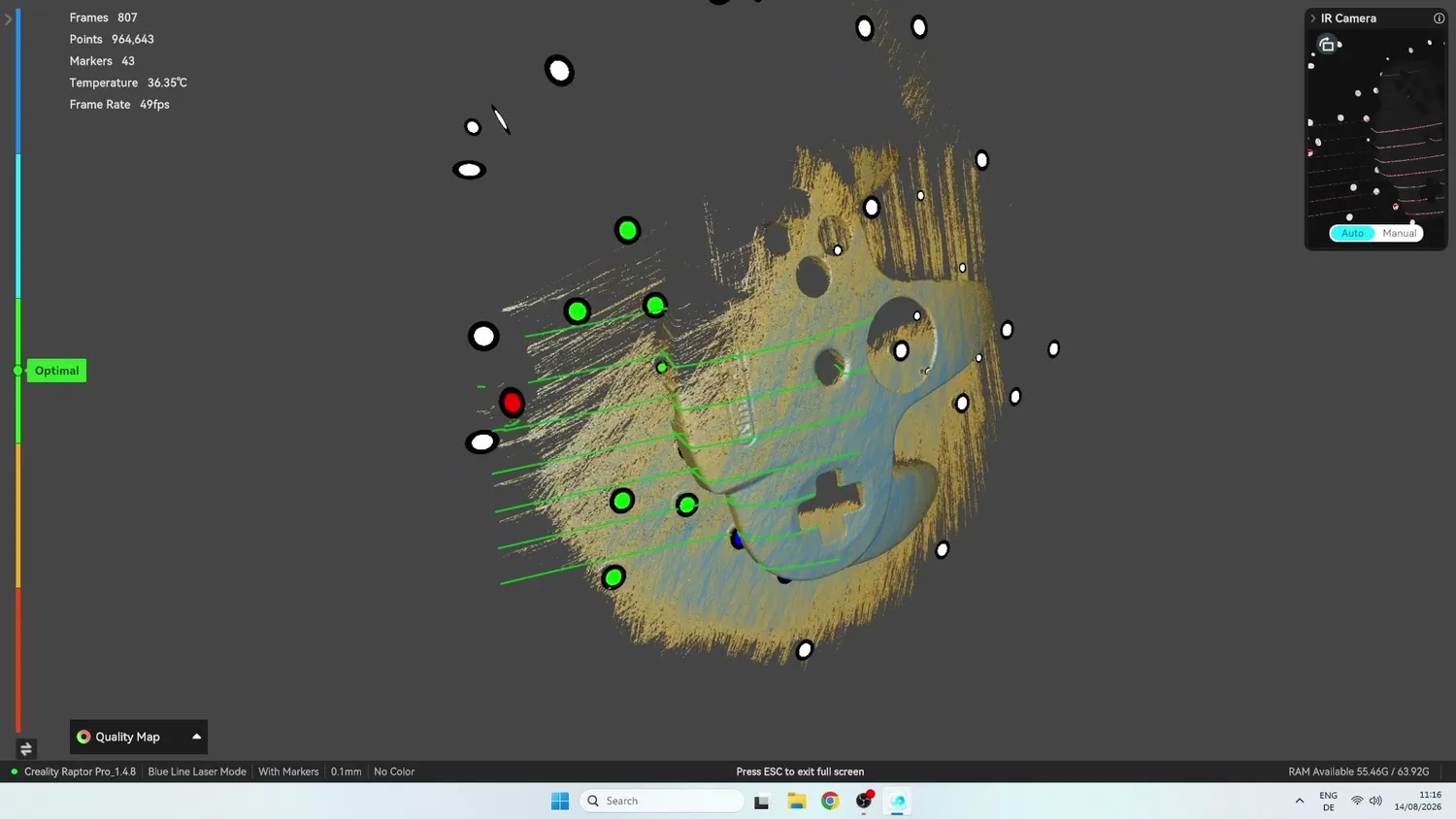 Tracked markers shown in the scanning software