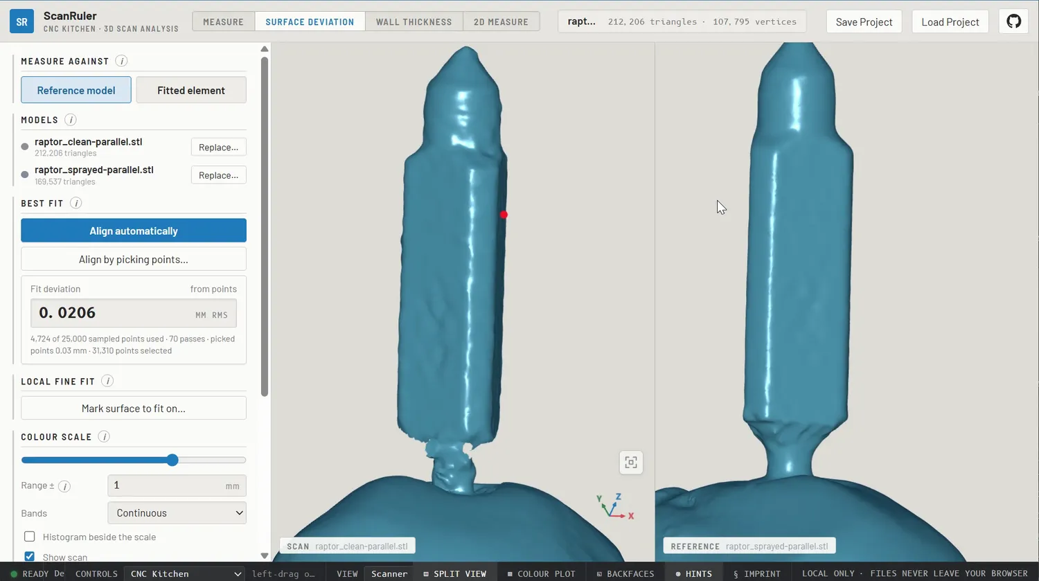 Scans of the valve without and with scanning spray in ScanRuler