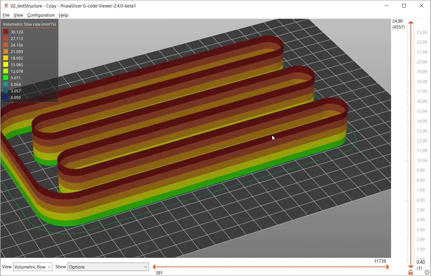  Extrusion Test part with Volumetric Flow Rates. 