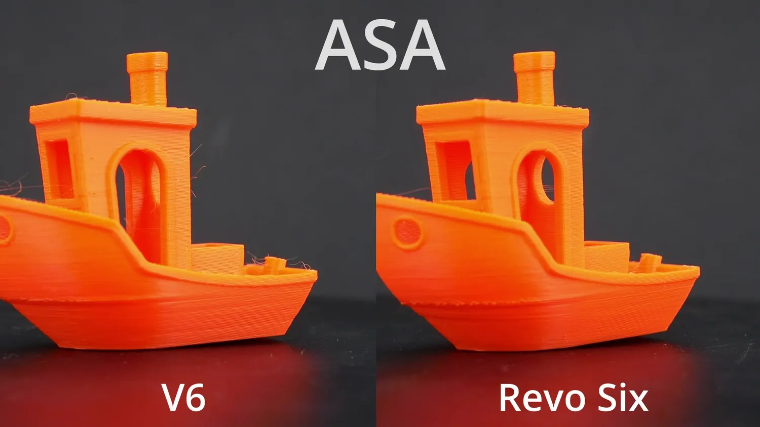 V6 against Revo Six in orange ASA, with the Revo showing slightly less stringing
